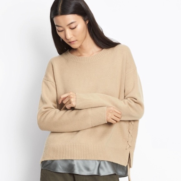 Vince 100% Cashmere Lace Up Crewneck Sweater Camel Oversized size S - Picture 1 of 11